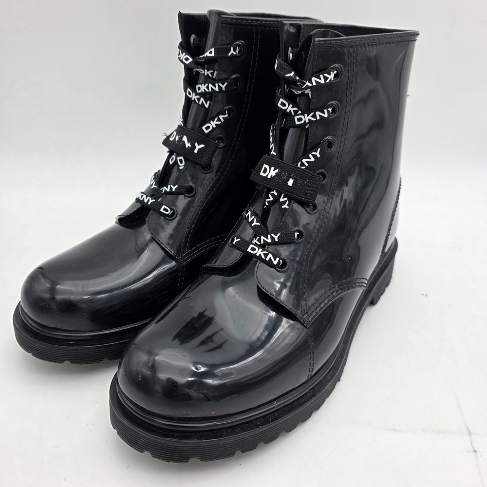 DKNY TILLY Combat Boots Women's Size 11 Black • Rubber Lace Up Shiny Waterproof